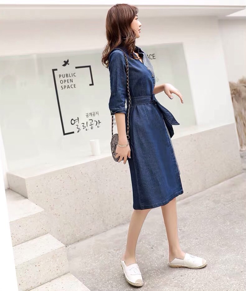 ĐẦM JEAN CỔ SƠ MI PHỐI SỌC THẮT NƠ EO